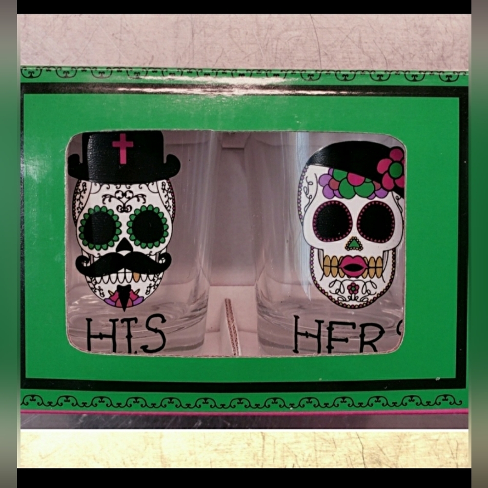 HALLOWEEN Sugar Skulls Day of the Dead Oversized His/Her Shot Glasses